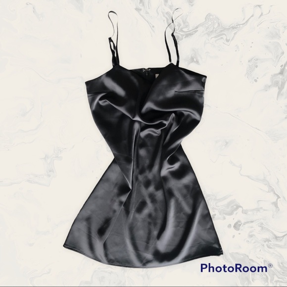 (188) Black Silk Mini Slip Dress - Picture 2 of 7